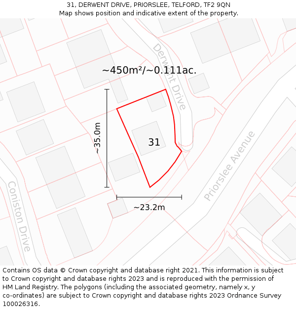 31, DERWENT DRIVE, PRIORSLEE, TELFORD, TF2 9QN: Plot and title map