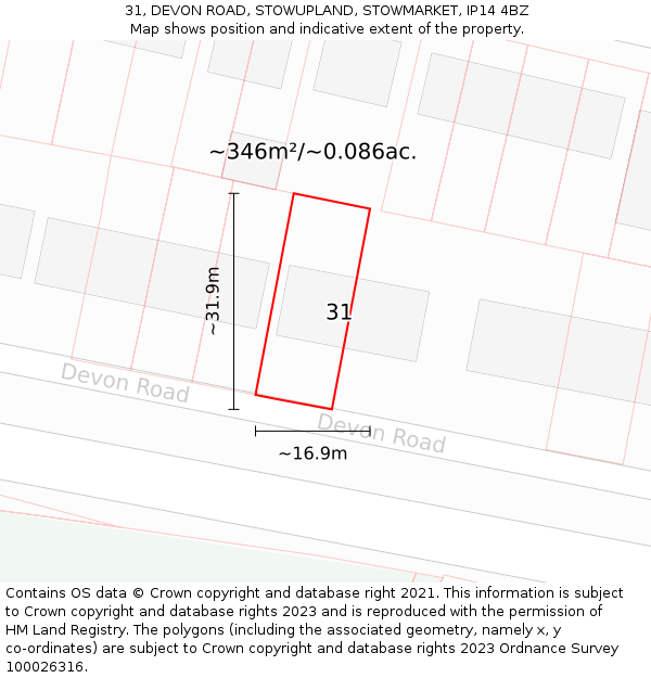 31, DEVON ROAD, STOWUPLAND, STOWMARKET, IP14 4BZ: Plot and title map