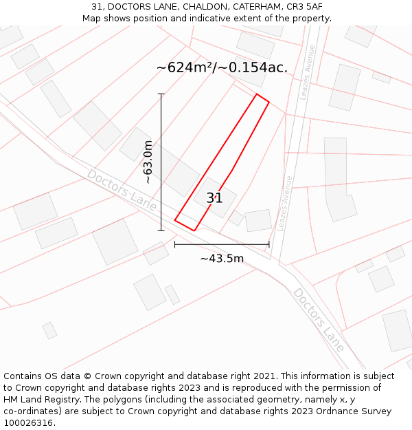 31, DOCTORS LANE, CHALDON, CATERHAM, CR3 5AF: Plot and title map