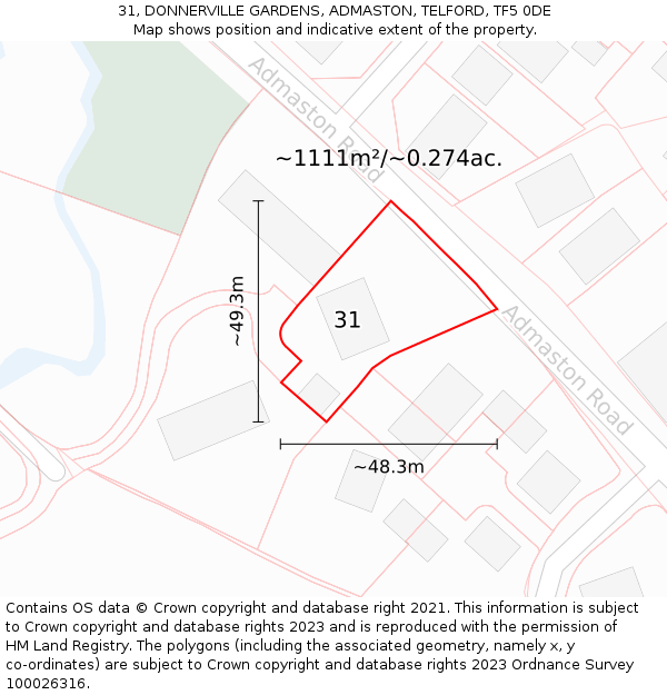 31, DONNERVILLE GARDENS, ADMASTON, TELFORD, TF5 0DE: Plot and title map