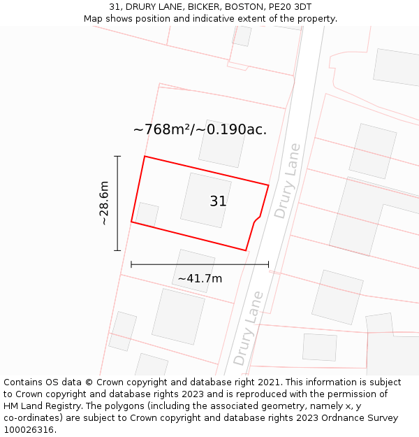 31, DRURY LANE, BICKER, BOSTON, PE20 3DT: Plot and title map