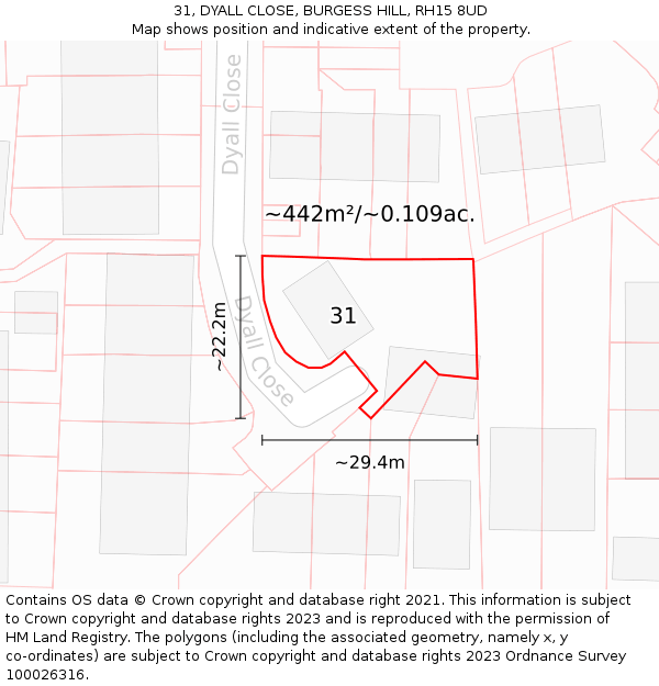 31, DYALL CLOSE, BURGESS HILL, RH15 8UD: Plot and title map