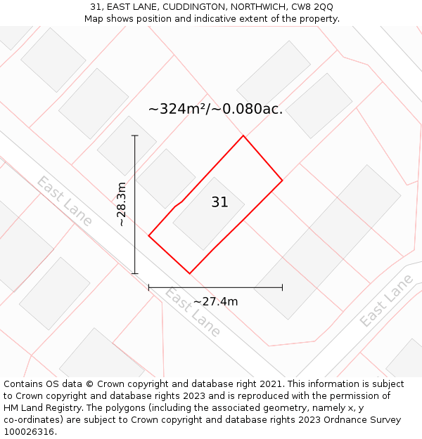 31, EAST LANE, CUDDINGTON, NORTHWICH, CW8 2QQ: Plot and title map