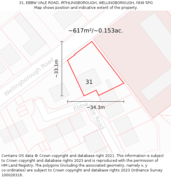 31, EBBW VALE ROAD, IRTHLINGBOROUGH, WELLINGBOROUGH, NN9 5PG: Plot and title map