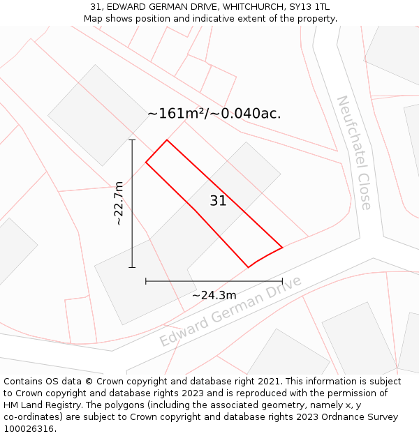 31, EDWARD GERMAN DRIVE, WHITCHURCH, SY13 1TL: Plot and title map