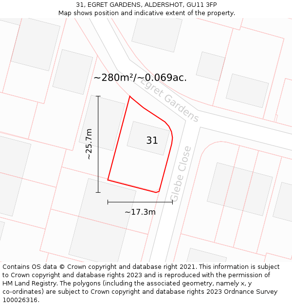 31, EGRET GARDENS, ALDERSHOT, GU11 3FP: Plot and title map