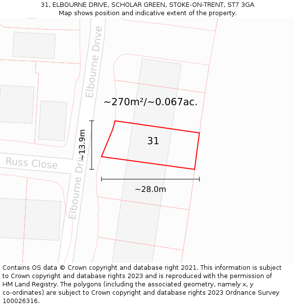 31, ELBOURNE DRIVE, SCHOLAR GREEN, STOKE-ON-TRENT, ST7 3GA: Plot and title map