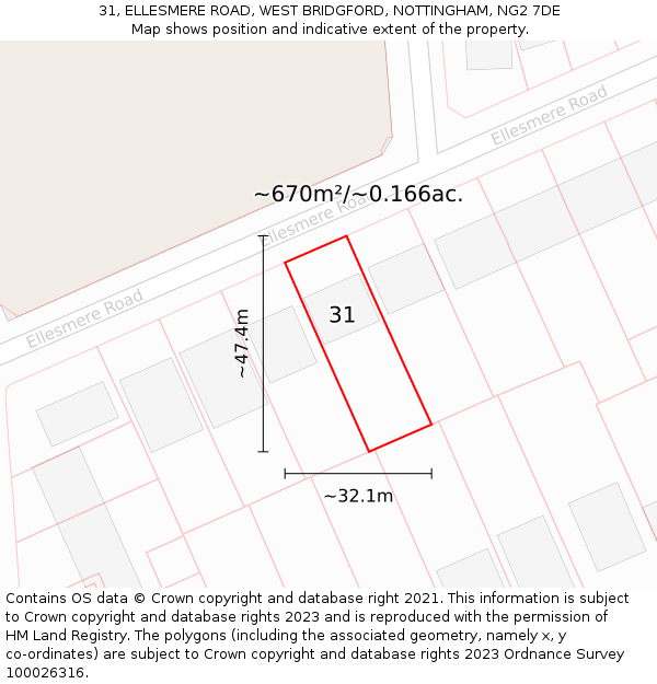 31, ELLESMERE ROAD, WEST BRIDGFORD, NOTTINGHAM, NG2 7DE: Plot and title map