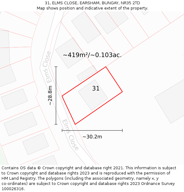 31, ELMS CLOSE, EARSHAM, BUNGAY, NR35 2TD: Plot and title map