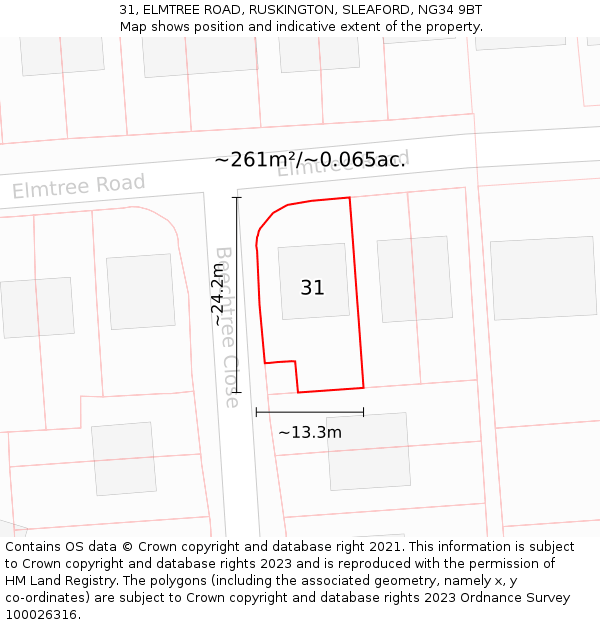 31, ELMTREE ROAD, RUSKINGTON, SLEAFORD, NG34 9BT: Plot and title map