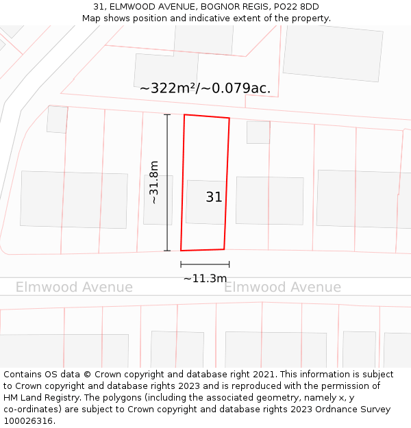 31, ELMWOOD AVENUE, BOGNOR REGIS, PO22 8DD: Plot and title map