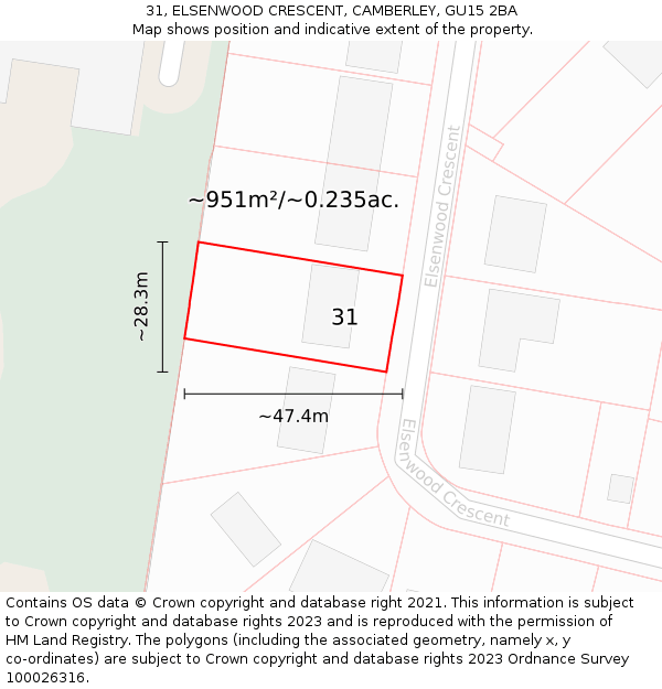 31, ELSENWOOD CRESCENT, CAMBERLEY, GU15 2BA: Plot and title map