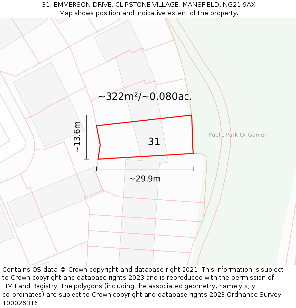 31, EMMERSON DRIVE, CLIPSTONE VILLAGE, MANSFIELD, NG21 9AX: Plot and title map