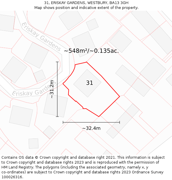 31, ERISKAY GARDENS, WESTBURY, BA13 3GH: Plot and title map