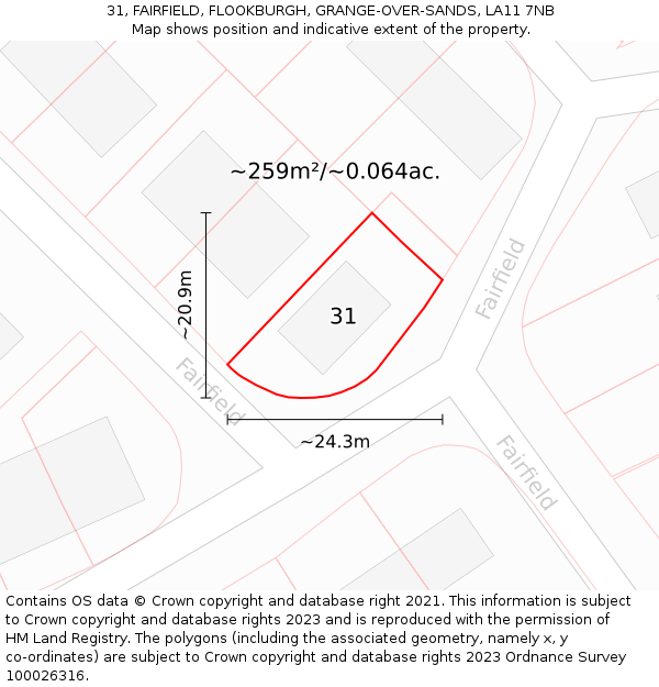 31, FAIRFIELD, FLOOKBURGH, GRANGE-OVER-SANDS, LA11 7NB: Plot and title map