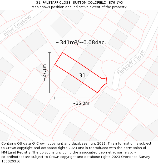 31, FALSTAFF CLOSE, SUTTON COLDFIELD, B76 1YG: Plot and title map