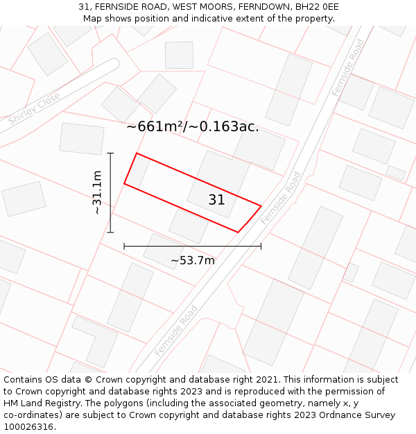 31, FERNSIDE ROAD, WEST MOORS, FERNDOWN, BH22 0EE: Plot and title map