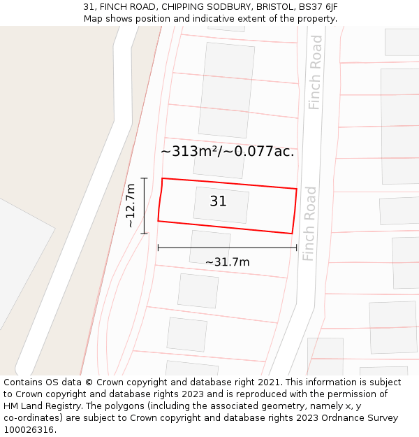 31, FINCH ROAD, CHIPPING SODBURY, BRISTOL, BS37 6JF: Plot and title map