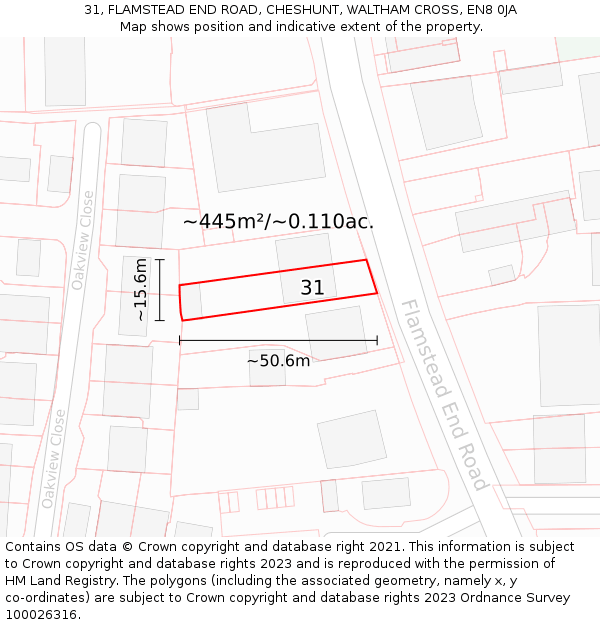 31, FLAMSTEAD END ROAD, CHESHUNT, WALTHAM CROSS, EN8 0JA: Plot and title map