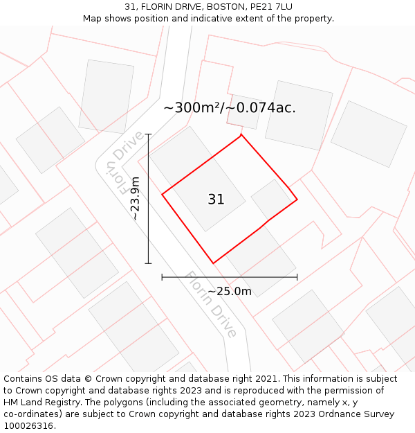 31, FLORIN DRIVE, BOSTON, PE21 7LU: Plot and title map