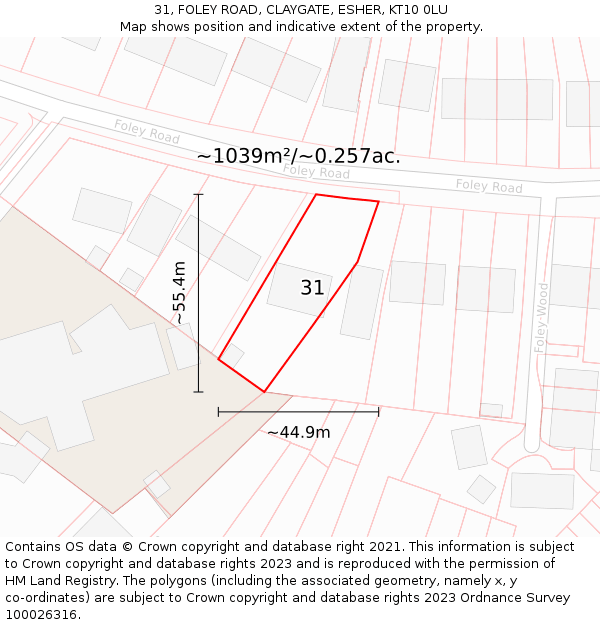 31, FOLEY ROAD, CLAYGATE, ESHER, KT10 0LU: Plot and title map