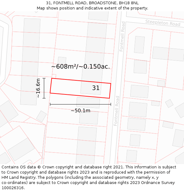 31, FONTMELL ROAD, BROADSTONE, BH18 8NL: Plot and title map