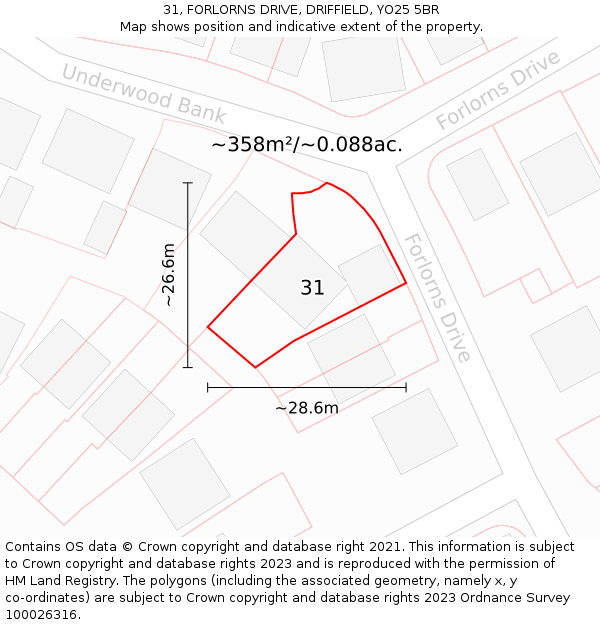 31, FORLORNS DRIVE, DRIFFIELD, YO25 5BR: Plot and title map