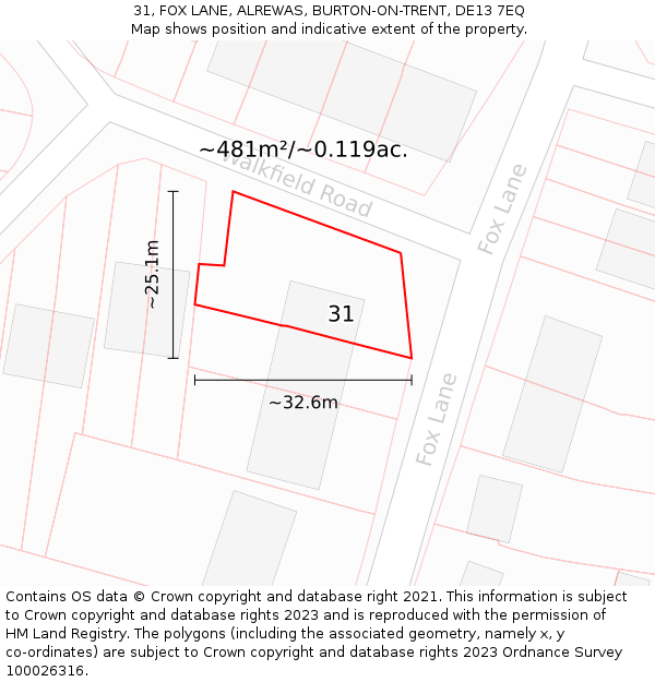 31, FOX LANE, ALREWAS, BURTON-ON-TRENT, DE13 7EQ: Plot and title map