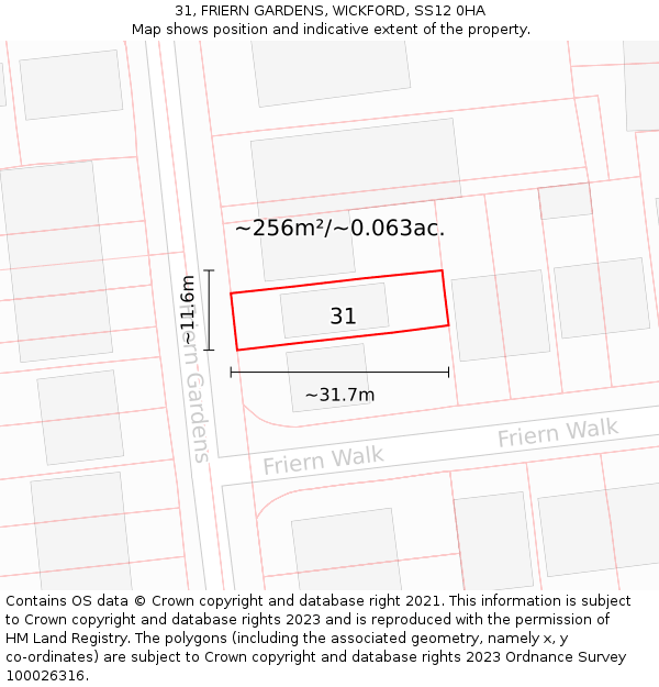 31, FRIERN GARDENS, WICKFORD, SS12 0HA: Plot and title map