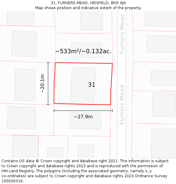 31, FURNERS MEAD, HENFIELD, BN5 9JA: Plot and title map