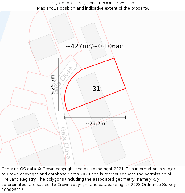 31, GALA CLOSE, HARTLEPOOL, TS25 1GA: Plot and title map