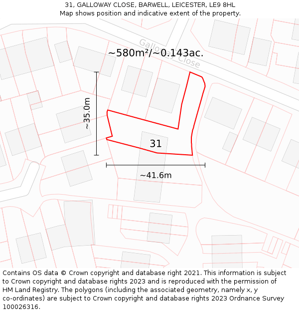 31, GALLOWAY CLOSE, BARWELL, LEICESTER, LE9 8HL: Plot and title map