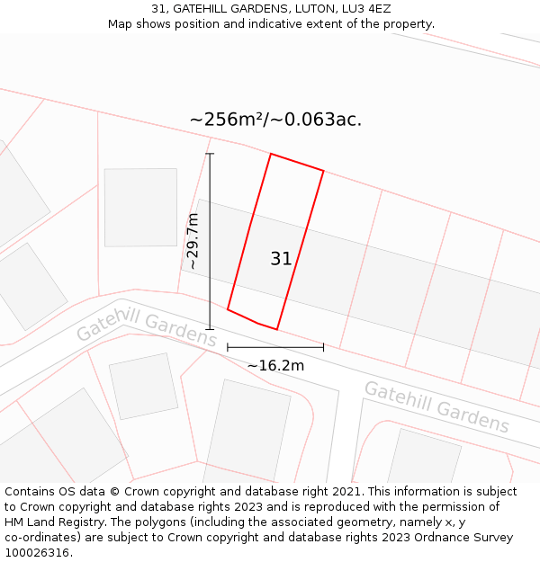 31, GATEHILL GARDENS, LUTON, LU3 4EZ: Plot and title map