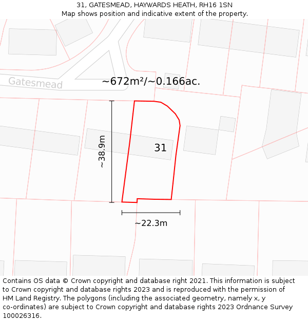 31, GATESMEAD, HAYWARDS HEATH, RH16 1SN: Plot and title map