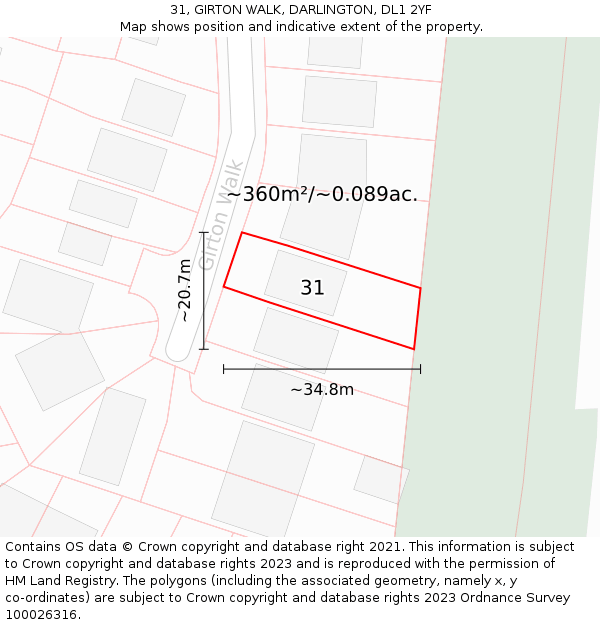 31, GIRTON WALK, DARLINGTON, DL1 2YF: Plot and title map