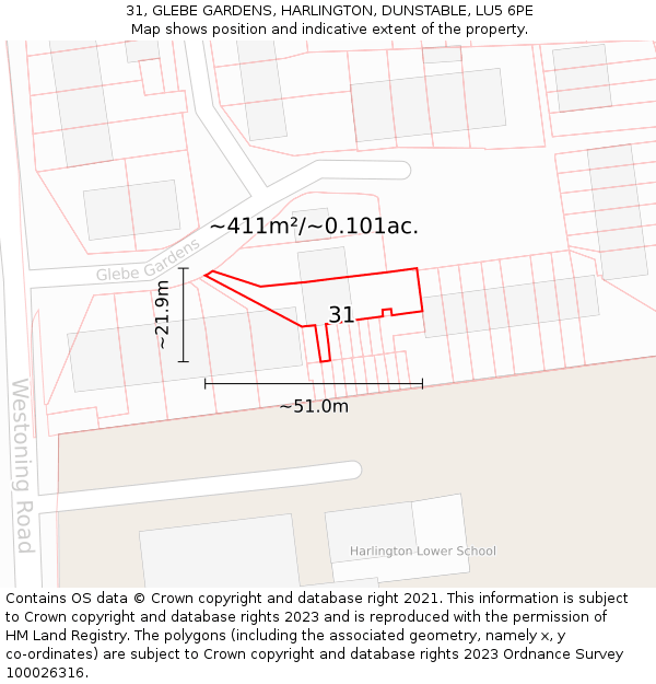 31, GLEBE GARDENS, HARLINGTON, DUNSTABLE, LU5 6PE: Plot and title map