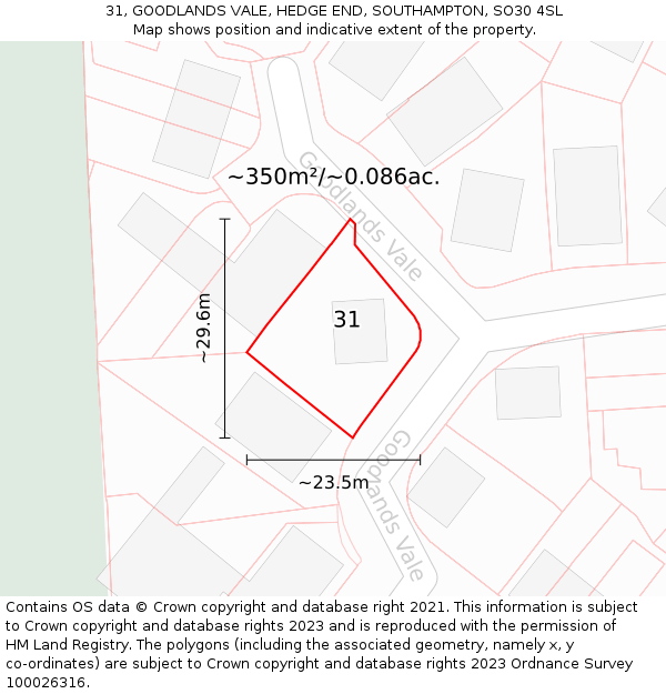 31, GOODLANDS VALE, HEDGE END, SOUTHAMPTON, SO30 4SL: Plot and title map
