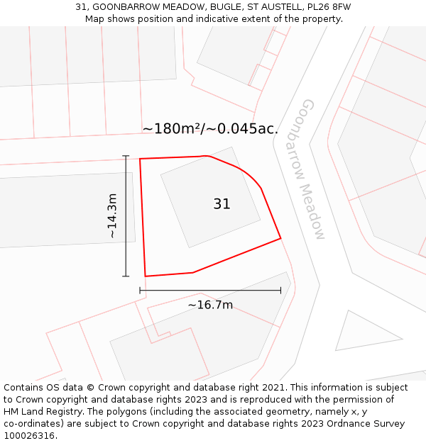 31, GOONBARROW MEADOW, BUGLE, ST AUSTELL, PL26 8FW: Plot and title map