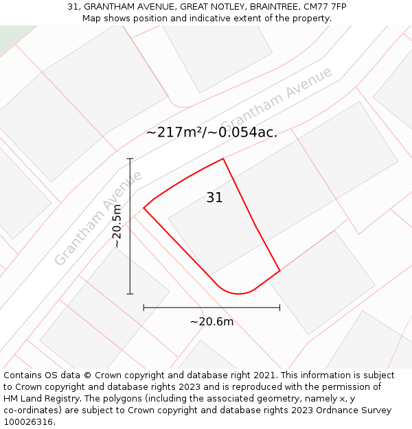 31, GRANTHAM AVENUE, GREAT NOTLEY, BRAINTREE, CM77 7FP: Plot and title map