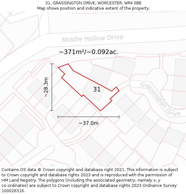 31, GRASSINGTON DRIVE, WORCESTER, WR4 0BE: Plot and title map