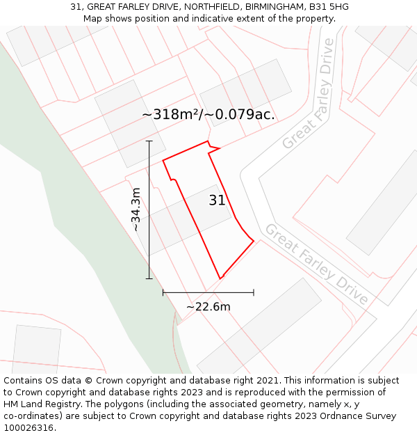 31, GREAT FARLEY DRIVE, NORTHFIELD, BIRMINGHAM, B31 5HG: Plot and title map