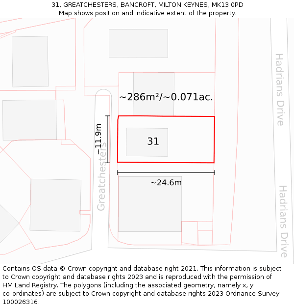 31, GREATCHESTERS, BANCROFT, MILTON KEYNES, MK13 0PD: Plot and title map