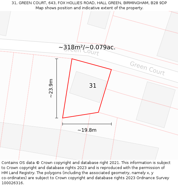 31, GREEN COURT, 643, FOX HOLLIES ROAD, HALL GREEN, BIRMINGHAM, B28 9DP: Plot and title map