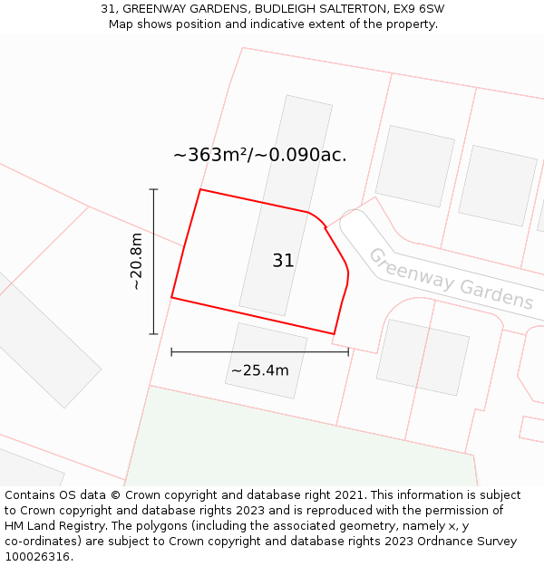 31, GREENWAY GARDENS, BUDLEIGH SALTERTON, EX9 6SW: Plot and title map