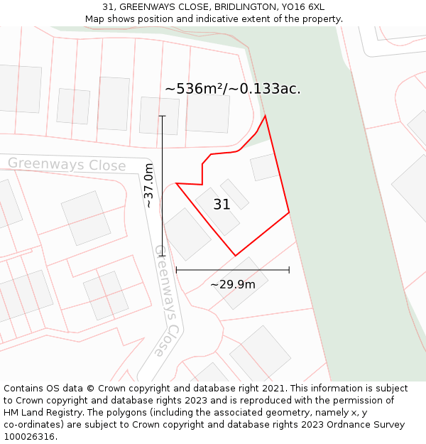 31, GREENWAYS CLOSE, BRIDLINGTON, YO16 6XL: Plot and title map