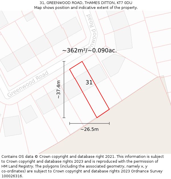 31, GREENWOOD ROAD, THAMES DITTON, KT7 0DU: Plot and title map