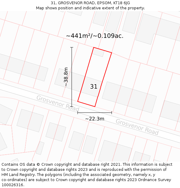 31, GROSVENOR ROAD, EPSOM, KT18 6JG: Plot and title map