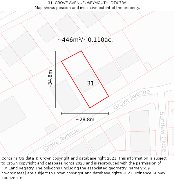 31, GROVE AVENUE, WEYMOUTH, DT4 7RA: Plot and title map