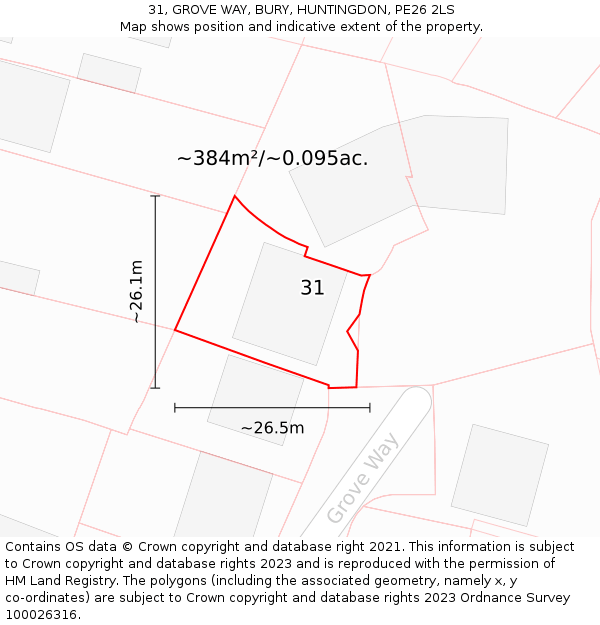 31, GROVE WAY, BURY, HUNTINGDON, PE26 2LS: Plot and title map