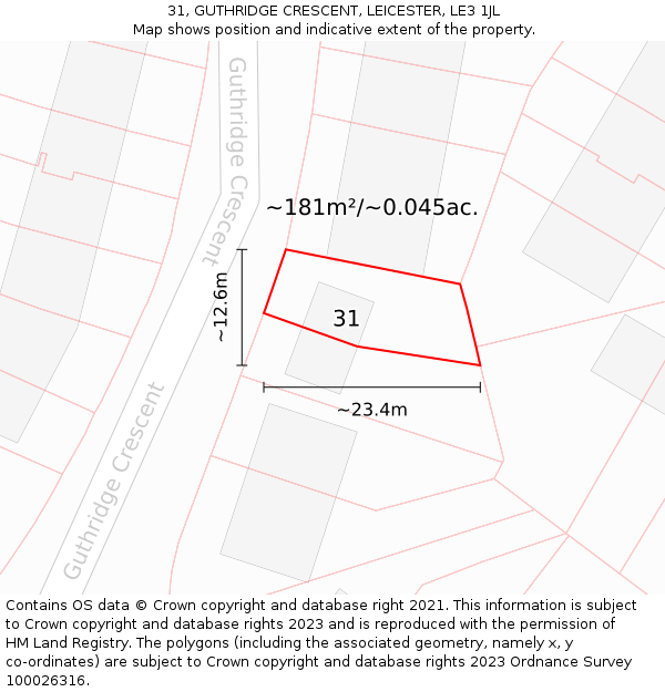 31, GUTHRIDGE CRESCENT, LEICESTER, LE3 1JL: Plot and title map